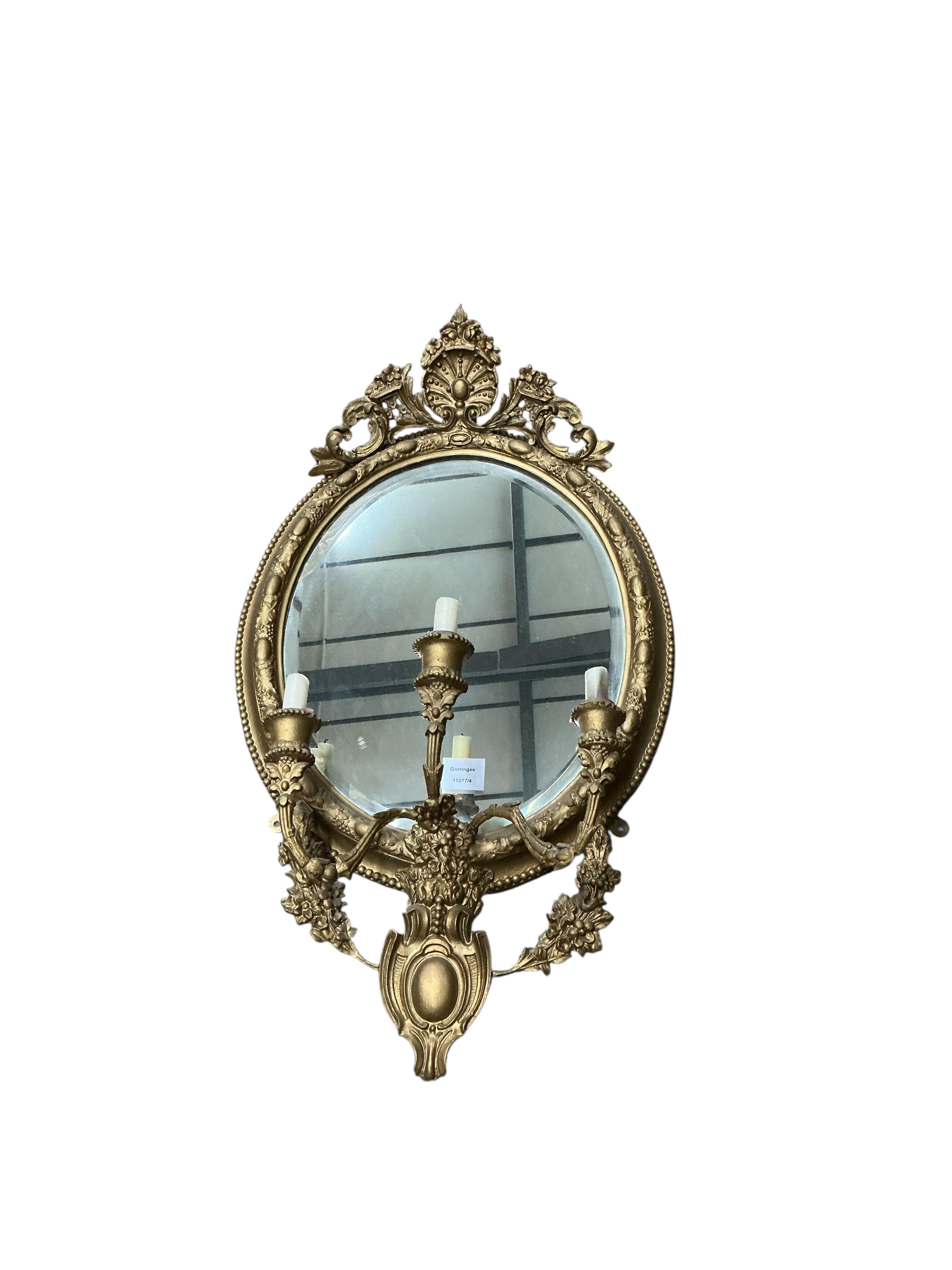 A Victorian giltwood and composition girandole wall mirror, re-painted, width 44cm, height 78cm